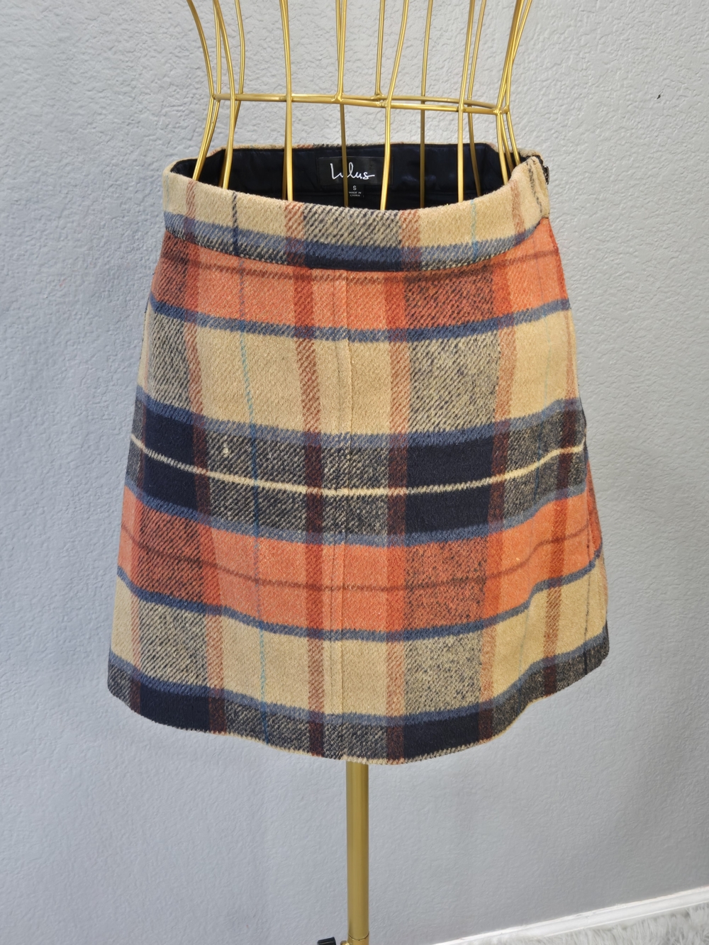 Lulu's Orange Plaid Wool-Blend Mini Skirt